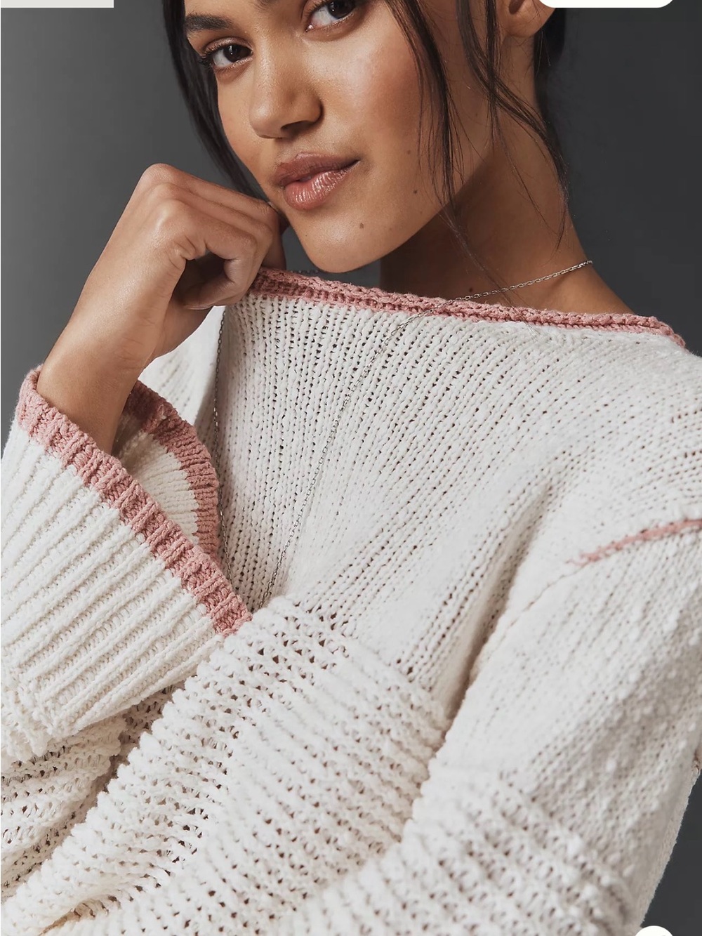 Pilcro Cream Cropped Boatneck Sweater with Pink Trim - Picture 3 of 5